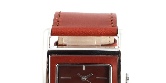 Dámské hranaté hodinky s tmavě červeným koženým řemínkem Axcent