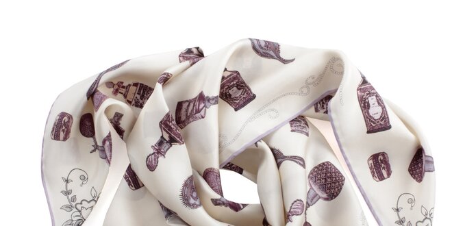 Dámský krémový šátek s potiskem a fialovým okrajem Peitro Filipi