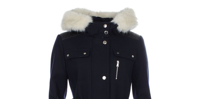 Dámský modrý kabát s koženkovými rukávy Halifax