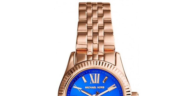 Dámské hodinky s modrým ciferníkem a římskými číslicemi Michael Kors - růžově zlatá barva