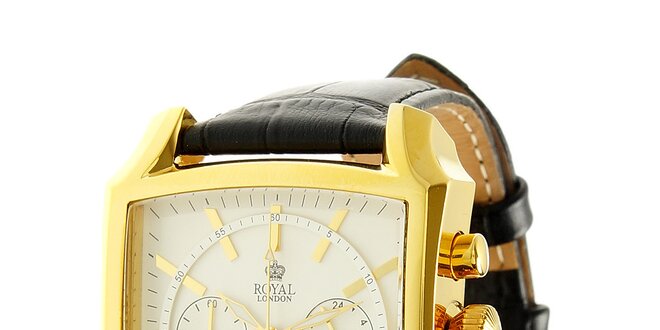 Zlaté ocelové hodinky Royal London s černým koženým řemínkem