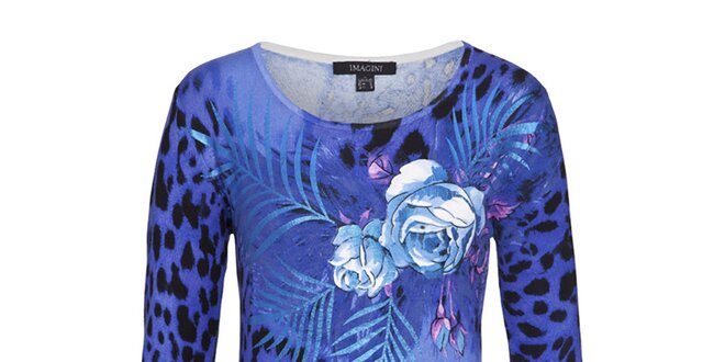 Dámský modrý svetr s leopardím vzorem a květy Imagini
