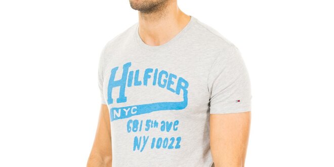 Pánské šedé tričko s modrým nápisem Tommy Hilfiger