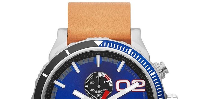 Pánské hodinky s modrým ciferníkem a světle hnědým řemínkem Diesel