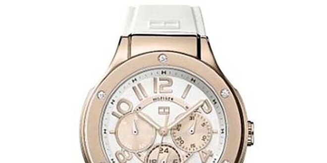Dámské hodinky s růžovými detaily a bílým silikonovým řemínkem Tommy Hilfiger