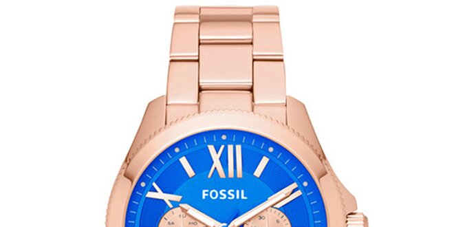 Dámské pozlacené hodinky s modrým ciferníkem Fossil