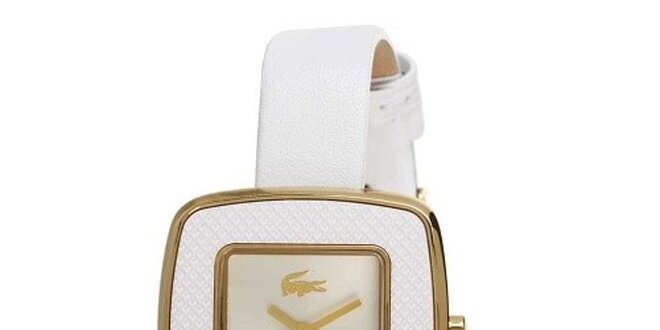 Dámské bílé hodinky s hranatým ciferníkem a zlatým logem Lacoste