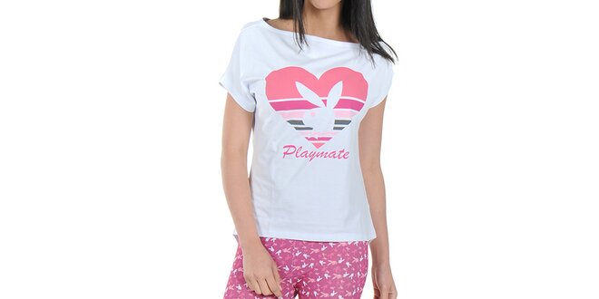 Dámské pyžamo Playboy - bílé tričko a růžové legíny s potiskem