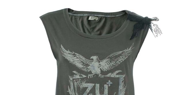Dámské šedé tričko s potiskem a krajkou na rameni Zu Elements