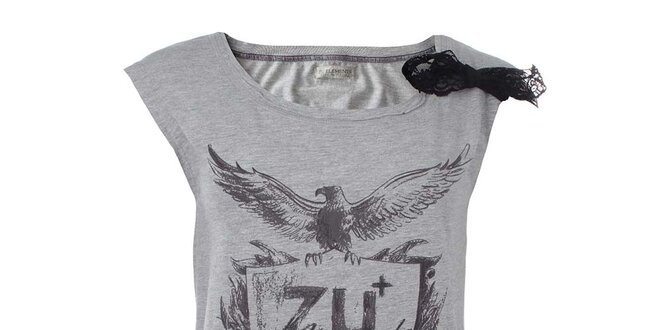 Dámské světle šedé tričko s potiskem a krajkou na rameni Zu Elements