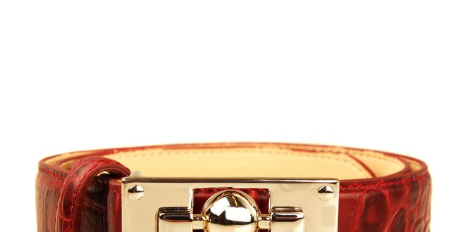 Dámský rudý pásek s velkou zlatou sponou DKNY