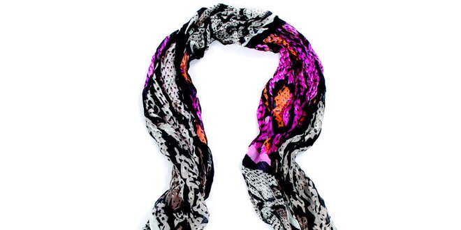 Dámský dlouhý vzorovaný bílo-černo-růžový šátek Fraas