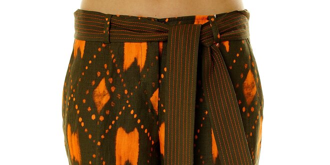 Dámské lněné khaki bermudy s oranžovým vzorem Roberto Verino.