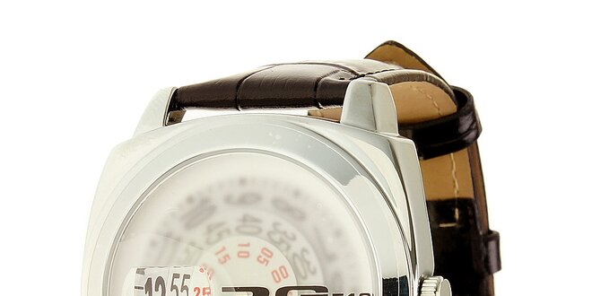 Unisexové ocelové hodinky s hnědým koženým páskem RG512