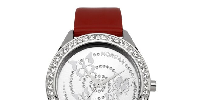 Dámské červené hodinky s krystaly a motýly Morgan de Toi