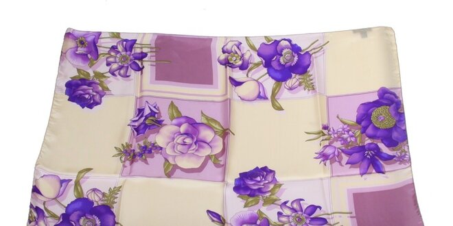 Dámský krémovo-fialový hedvábný šátek s květinovým vzorem Gianfranco Ferré