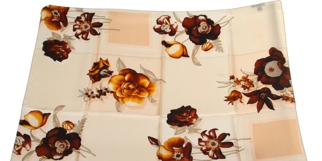 Dámský hnědo-krémový hedvábný šátek s květinovým vzorem Gianfranco Ferré