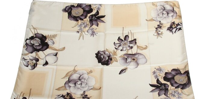 Dámský šedo-krémový hedvábný šátek s květinovým vzorem Gianfranco Ferré