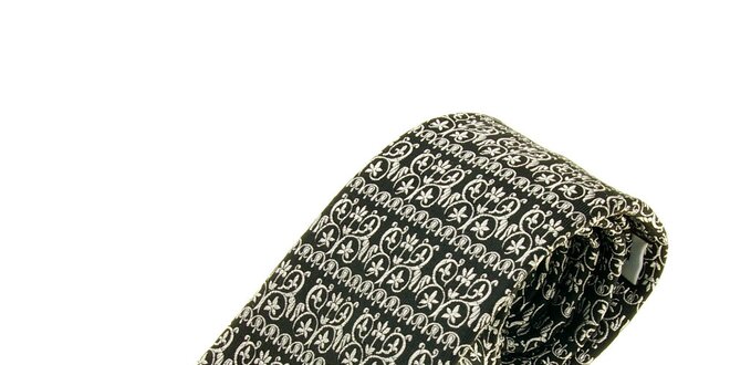 Pánská černá kravata Ballantyne s bílým ornamentálním vzorem