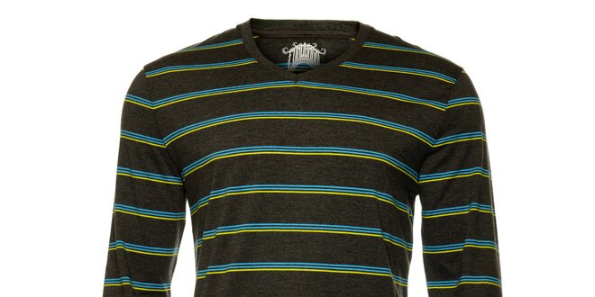 Pánské tmavě šedé tričko s dlouhým rukávem a modrožlutými pruhy Fundango