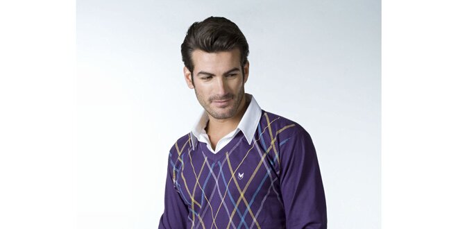 Pánské fialové tričko CLK s košilovým límečkem a károvaným vzorem