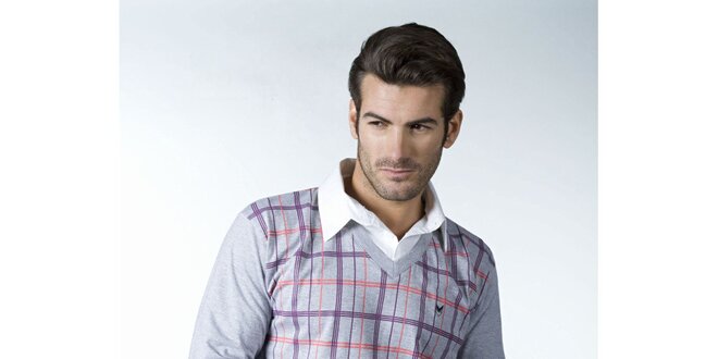 Pánské světle šedé tričko CLK s kostkovaným vzorem a košilovým límečkem