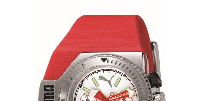 Červené analogové hodinky s bílými detaily Puma