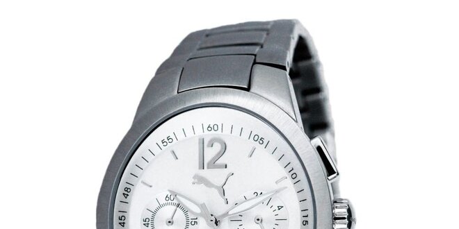 Pánské stříbrné analogové hodinky s červeným detailem Puma