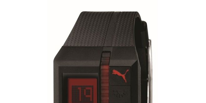 Tmavě fialové digitální hodinky s červenými detaily Puma