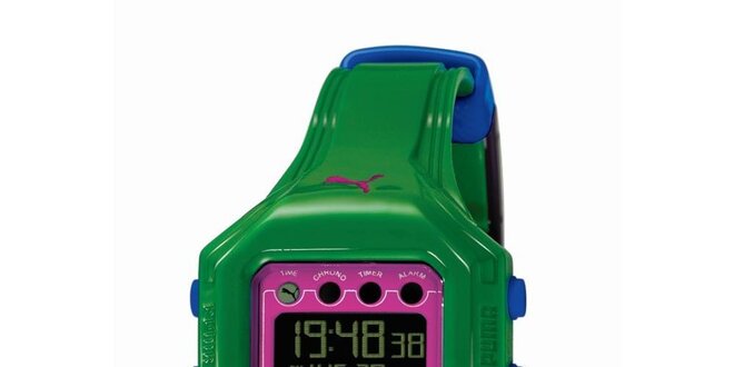 Zeleno-růžové digitální hodinky s modrými detaily Puma
