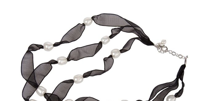 Dámský černý hedvábný náhrdelník Arla s bílými perlami