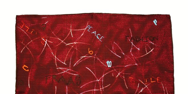 Červený hedvábný šátek Fraas s nápisy