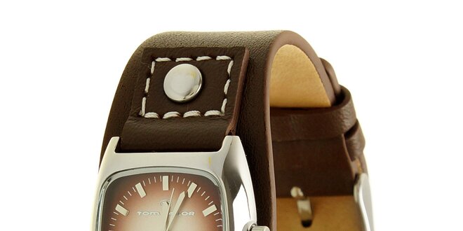 Dámské černé analogové hodinky s koženým řemínkem  a vínovým ciferníkem Tom Tailor