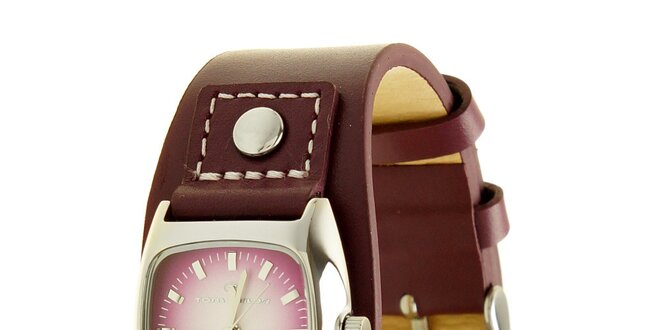 Dámské fialové analogové hodinky s koženým řemínkem Tom Tailor