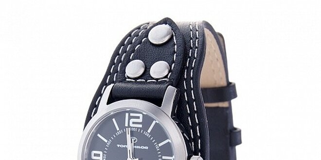 Dámské ocelové hodinky Tom Tailor s černým koženým řemínkem