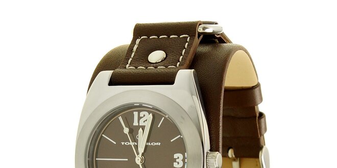 Stylové ocelové hodinky Tom Tailor s tmavě hnědým koženým řemínkem