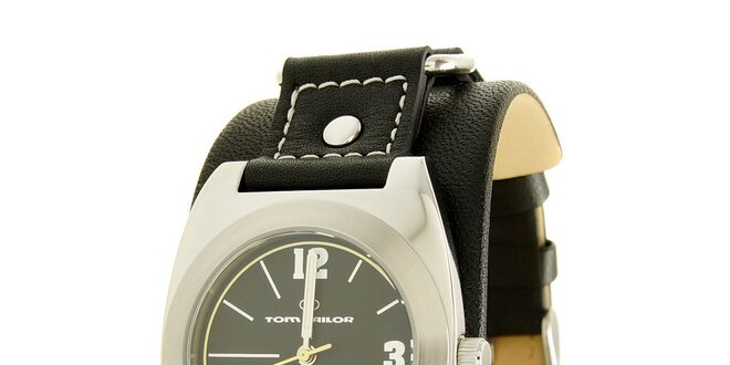 Černé analogové hodinky s koženým řemínkem Tom Tailor