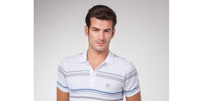 Pánské bílé polo tričko s šedými a modrými proužky Bendorff