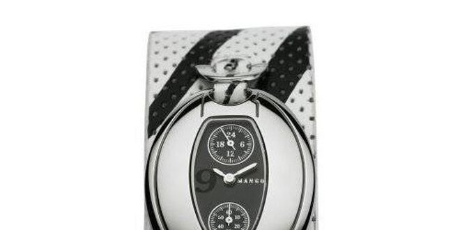 Dámske hodinky Mango s černým 24hodinovým ciferníkem, a černo/bílým koženým řemínkem