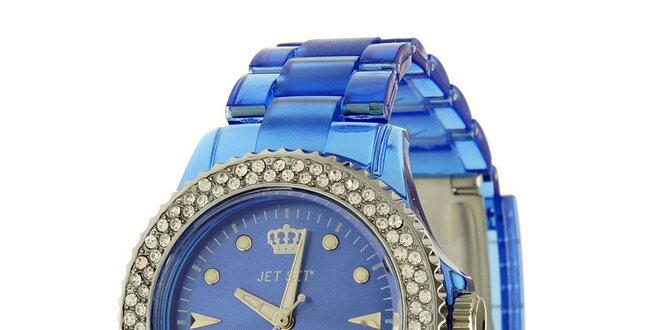 Dámské modré hodinky Jet Set s kamínky a transparentním řemínkem