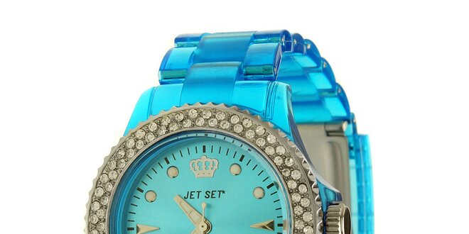 Dámské azurově modré hodinky Jet Set s kamínky a transparentním řemínkem