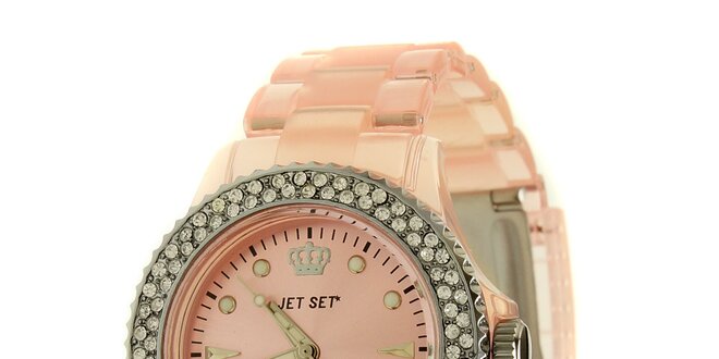 Dámské světle růžové hodinky Jet Set s kamínky a transparentním řemínkem