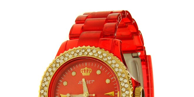 Dámské červené hodinky Jet Set se zlatými detaily a kamínky