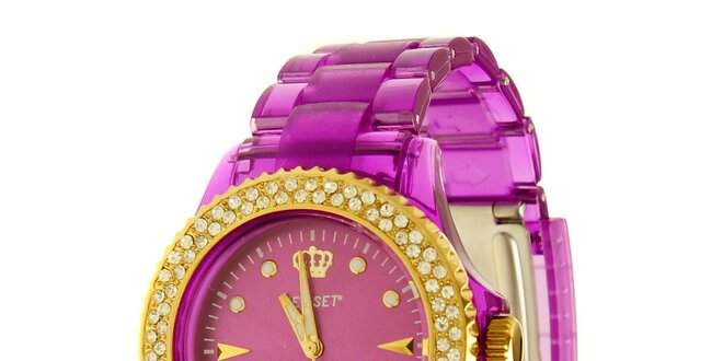 Dámské fialové hodinky Jet Set se zlatými detaily a kamínky