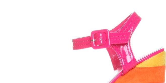 Dámské fuchsiovo-pomerančové lakované sandále na pruhovaném klínku GAS
