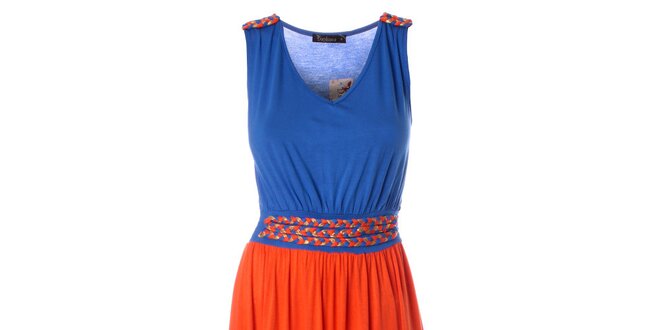 Dámské oranžovo-modré delší šaty s proplétaným páskem Daphnea