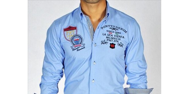 Pánská světle modrá trendy košile s výšivkami Pontto