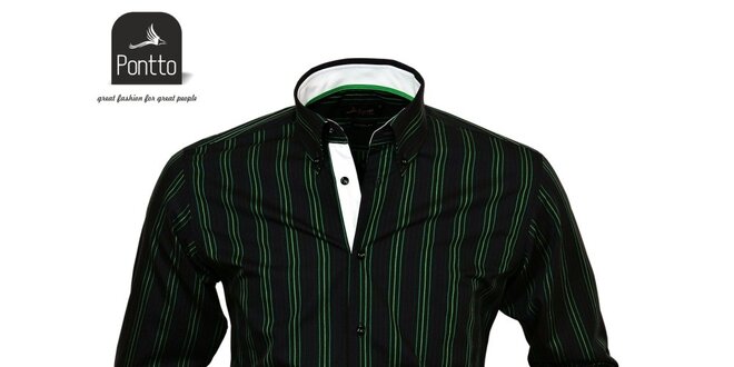 Pánská černá košile se zelenými proužky košile Pontto