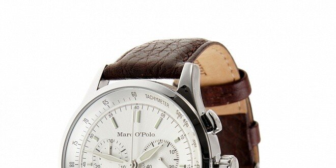 Ocelové hodinky Marc O´Polo s tmavě hnědým koženým řemínkem a chronografem