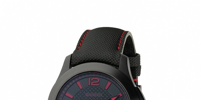 Luxusní pánské černé hodinky Gucci s chronografem a červenými detaily